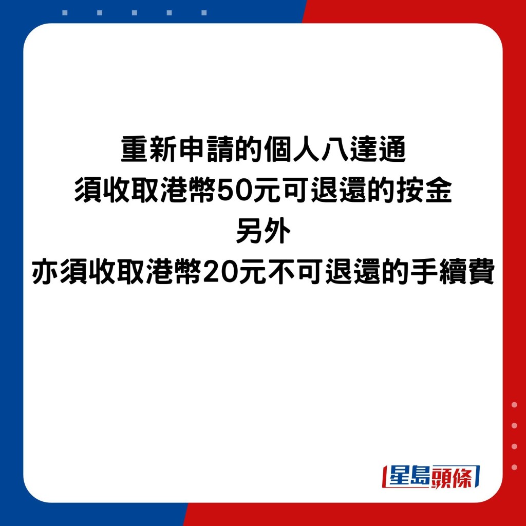 重新申请的个人八达通 须收取港币50元可退还的按金 另外 亦须收取港币20元不可退还的手续费