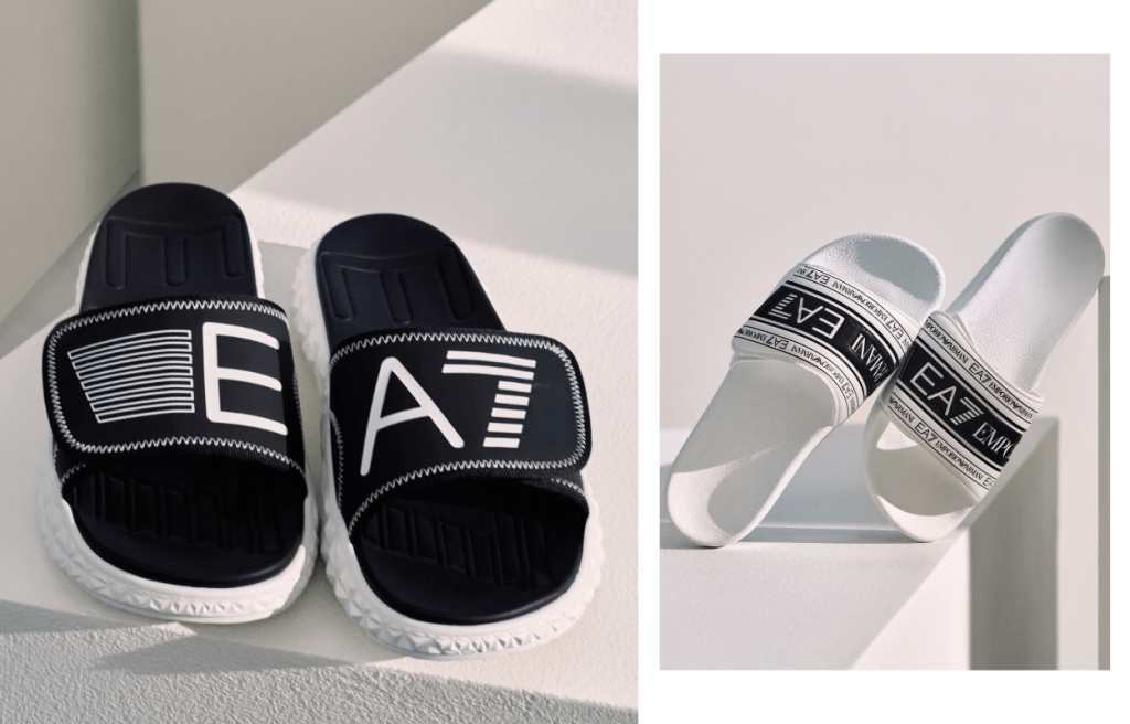 EA7新作大玩撞色設計，飾以品牌Logo圖案，搶眼又辨識度高/左$950、右/售價待定。
