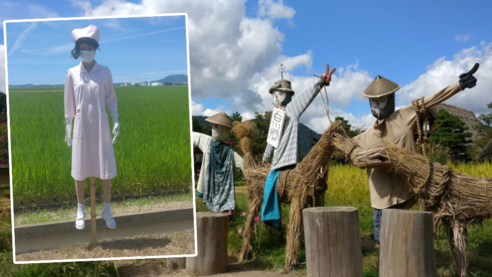 日本網民分享農田驚現另類「稻草人」 。網圖