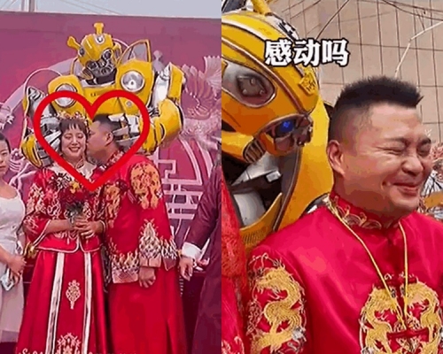 弟弟穿著一套高2.8米、重達20公斤的大黃蜂盔甲為姐姐送嫁。網圖