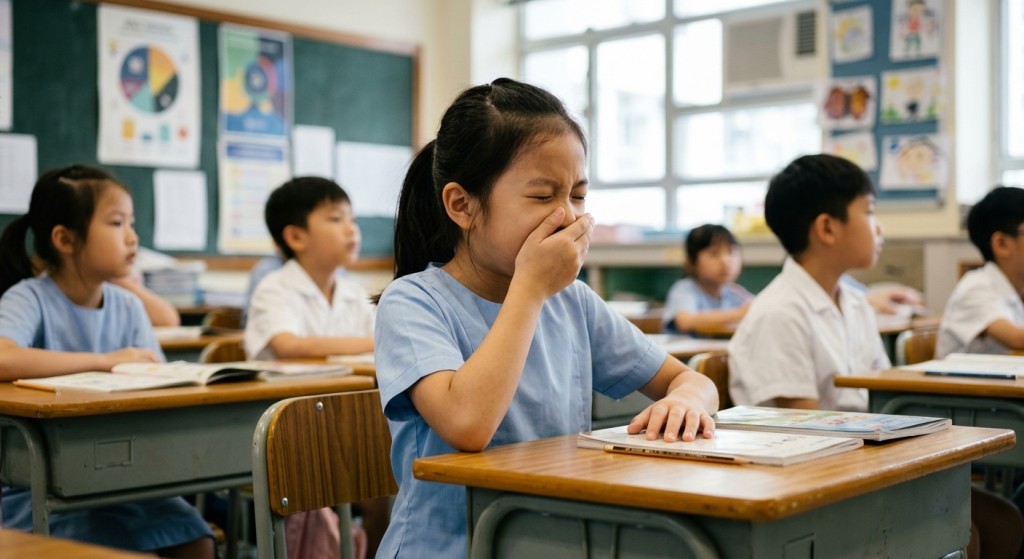 為減少感染及傳播呼吸道合胞病毒 (RSV)，咳嗽或打噴嚏時應該及時掩好口鼻。（AI生成示意圖）