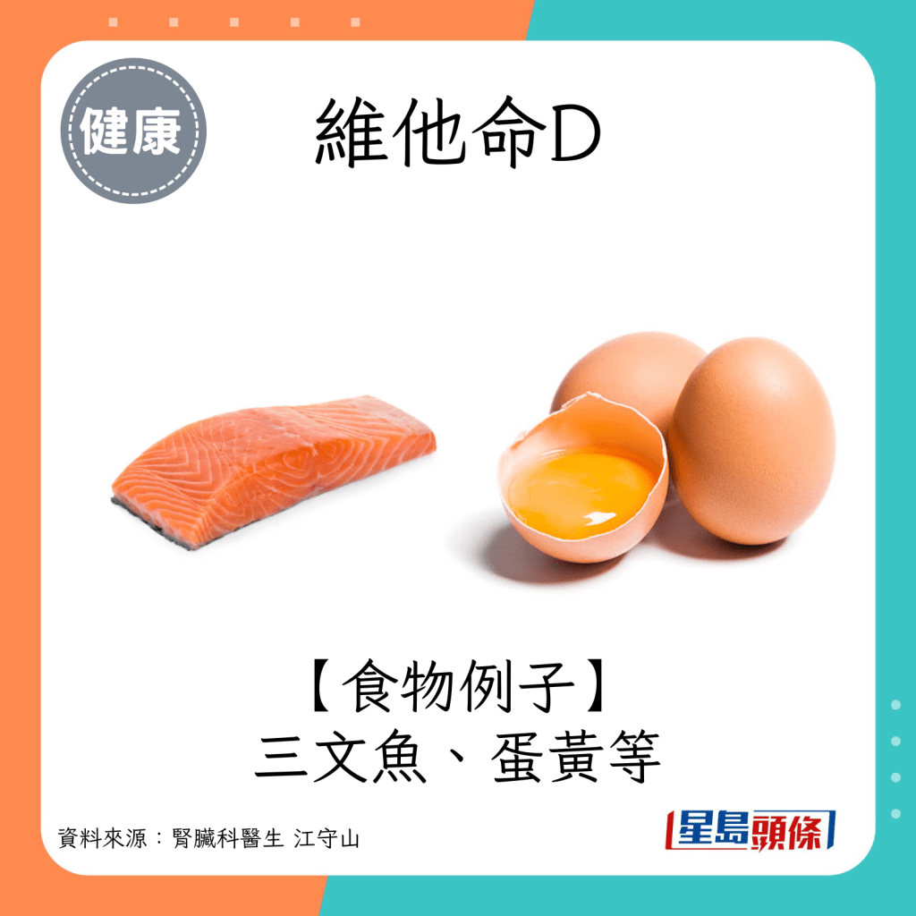 維他命D食物例子：三文魚、蛋黃等。