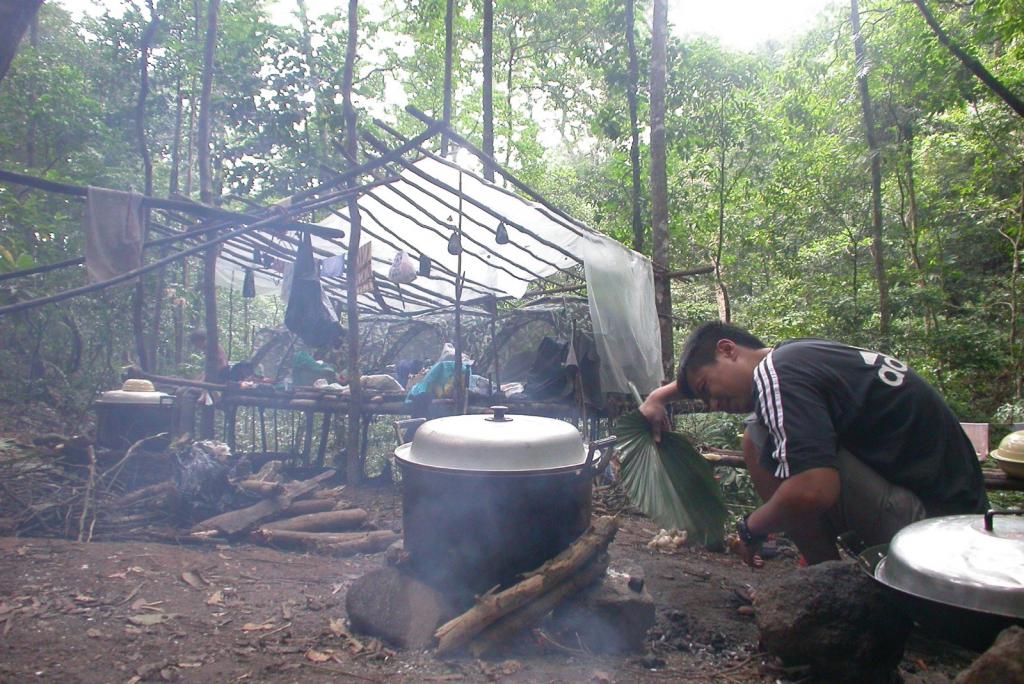 2003年，陈辈乐在海南霸王岭原始森林考察时煮饭，晚间睡在简陋帐篷。