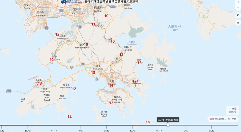 預測下周日上午，部分新界地區如大埔、石崗及打鼓嶺更低見10度，勢成今年最低溫記錄。