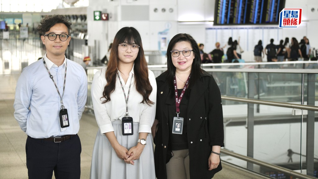機管局介紹機場職場文化,包括以「度身訂造」培訓留住年輕人才。 左起: 黃興鵬、周燕玲、李翠霞。陳浩元攝