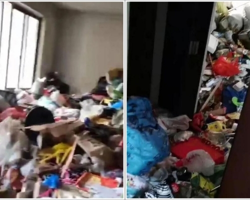 屋內每一處都堆放了用各種塑料袋裝的廢物。網圖