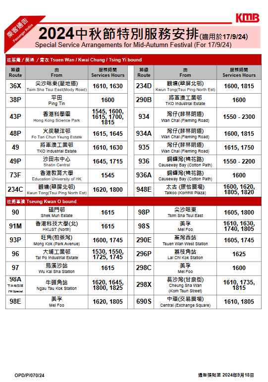 逾百條調整繁忙時間路線開出時間。九巴網站擷圖