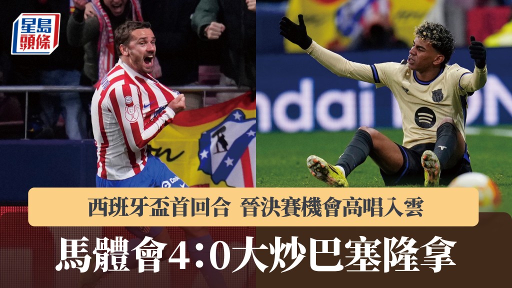 西班牙盃｜馬體會首回合4：0大炒巴塞隆拿　晉決賽機會高唱入雲。美聯社