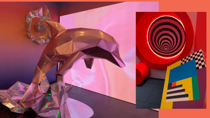 圖左的海豚Joy，是由雙人藝術組合Stickyline創作，靈感源於摺紙藝術。圖右是時光隧道打卡位。的