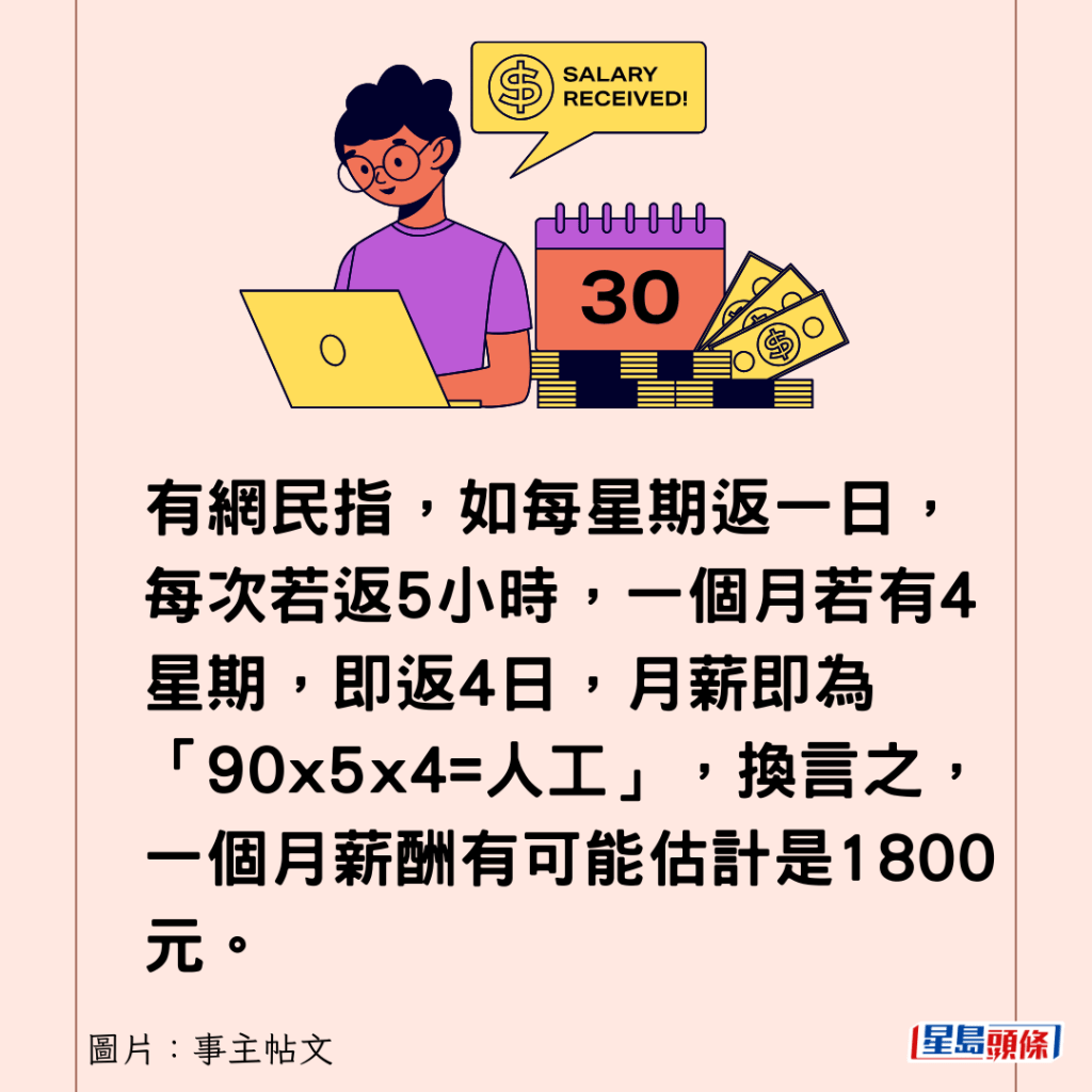 有網民指，如每星期返一日，每次若返5小時，一個月若有4星期，即返4日，月薪即為「90x5x4=人工」，換言之，一個月薪酬有可能估計是1800元。