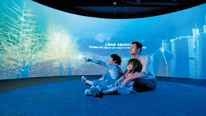 展馆入口特设270度沉浸式投影区，让访客在参观展览前有一个反思粮食与地球生态的空间。