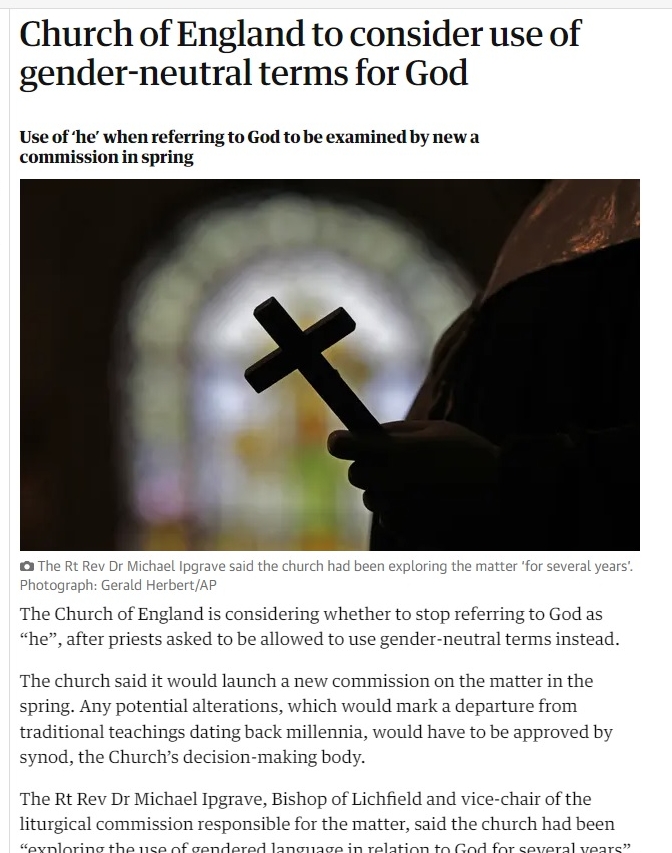 英国《卫报》报导，英格兰教会将改变对上帝的“他”称呼。