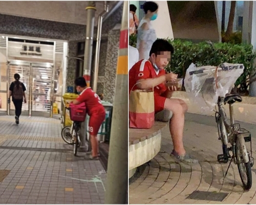 一名男童從一輛單車上的外賣保溫袋內取走餐點,並隨即在路邊開餐。網民「王朝」圖片