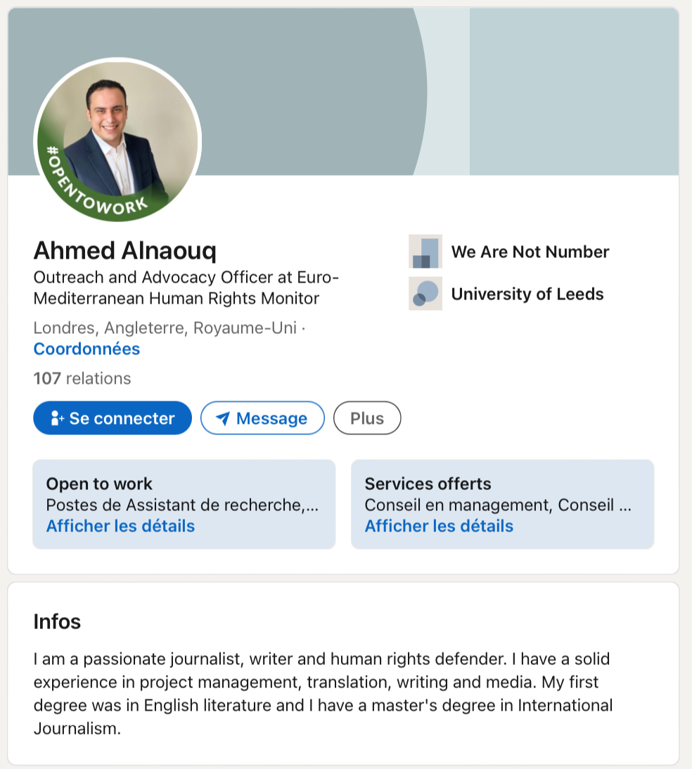 阿尔纳乌克（Ahmed Alnaouq）在加沙长大，目前在英国发展。图为其LinkedIn简介。