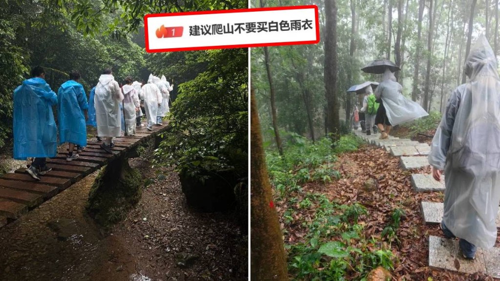 雨季行山遠足，不宜穿白色雨衣成為熱話。小紅書