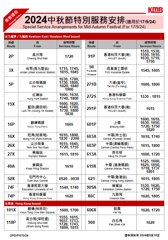 逾百條調整繁忙時間路線開出時間。九巴網站擷圖