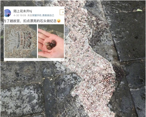 遊客北京故宮御花園挖走石頭留念捱轟 。網上圖片