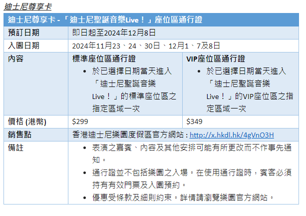 迪士尼尊享卡 - 「迪士尼聖誕音樂Live！」座位區通行證