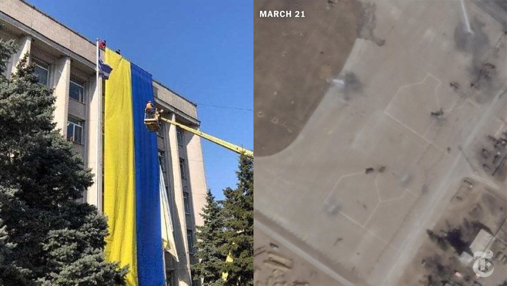 衛星照顯示俄軍直升機撤離赫爾松,市議會大樓掛起巨幅烏克蘭國旗。