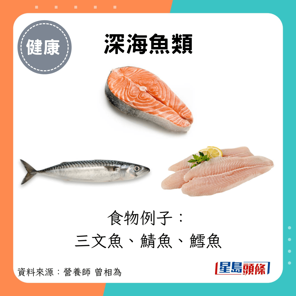 深海鱼类：食物例子： 三文鱼、鲭鱼、鳕鱼