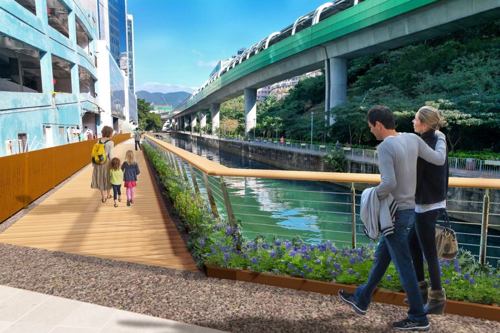 渠務署將於今年沿香港仔黃竹坑涌尾明渠下游北岸建造行人板道，以活化明渠及改善港鐵黃竹坑站和香港仔海濱之間的行人連繫設施。構想圖