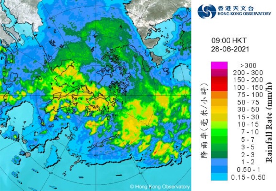 雨帶在9時已經擴展至市區及新界西部地區。天文台