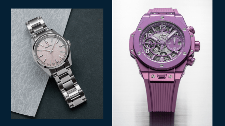左/Grand Seiko 44GS 55周年限量版 SBGW289，售價：$40,800（限量1,200枚）。右/Hublot Big Bang Unico Summer Purple，售價：$166,000。