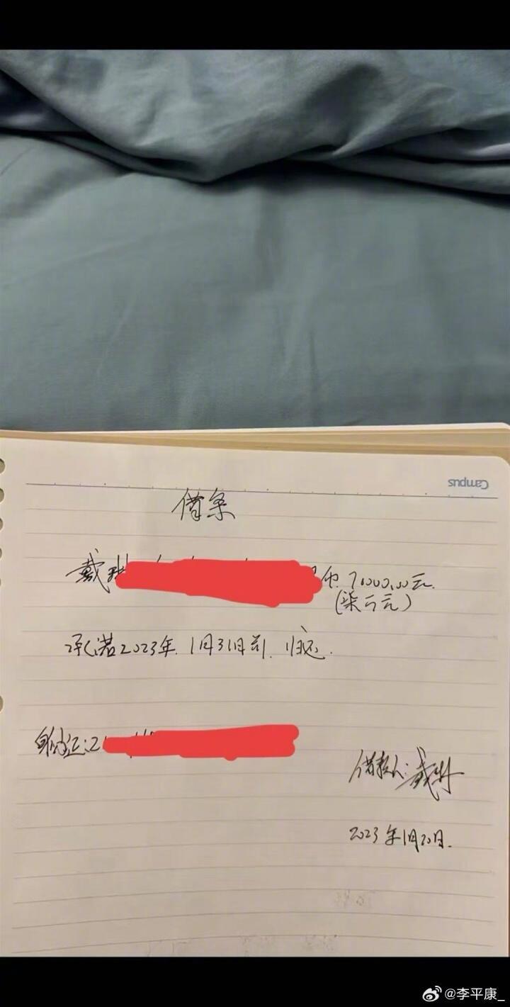 前國腳戴琳向球迷潘碩寫下的欠單。微博