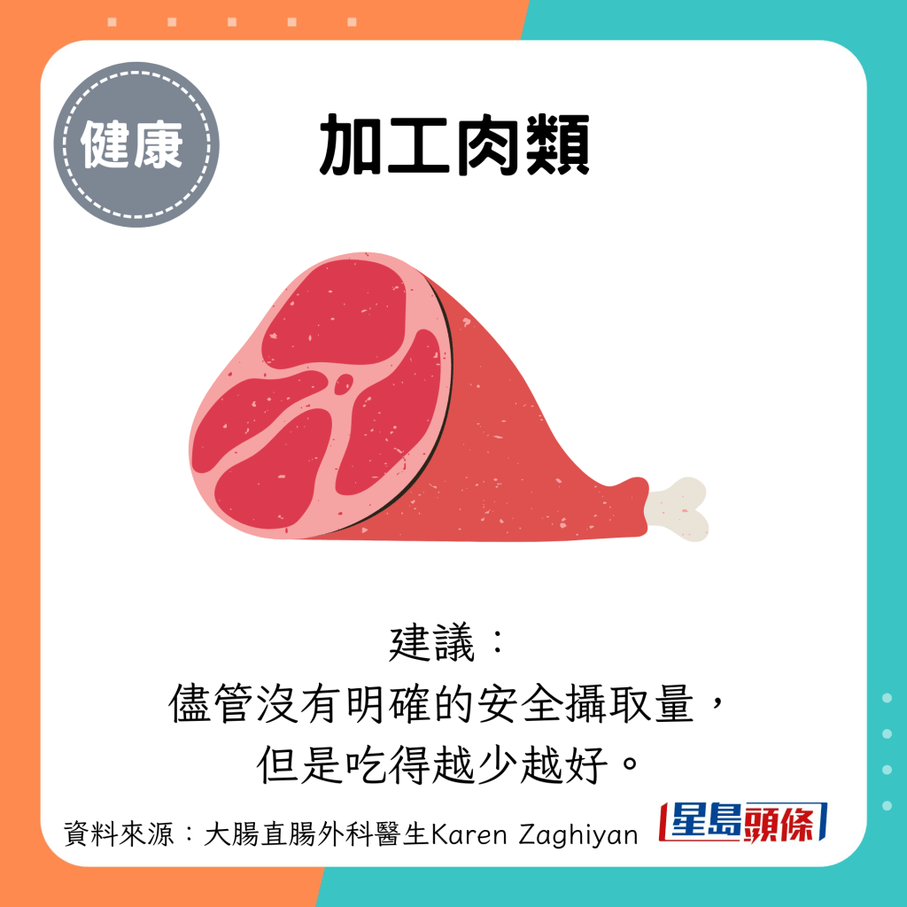 加工肉类：建议： 尽管没有明确的安全摄取量， 但是吃得越少越好。