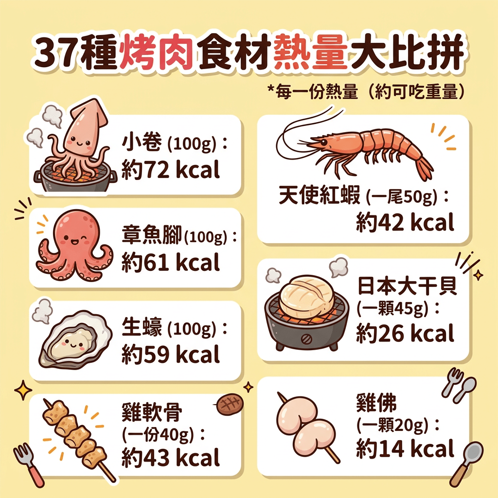 37種烤肉食材熱量大比拼 *每一份熱量（約可吃重量）