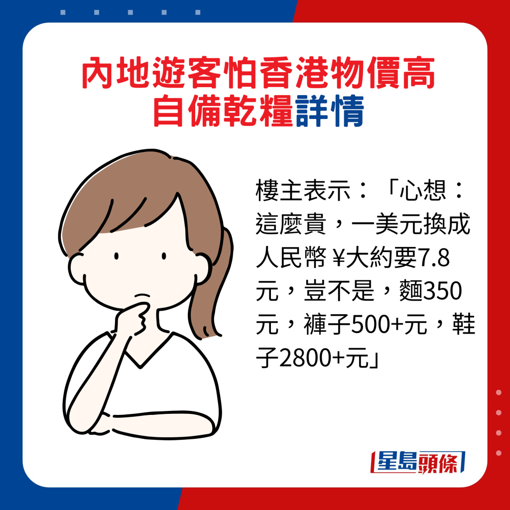 楼主表示：「心想：这么贵，一美元换成人民币 ¥大约要7.8元，岂不是，面350元，裤子500+元，鞋子2800+元」