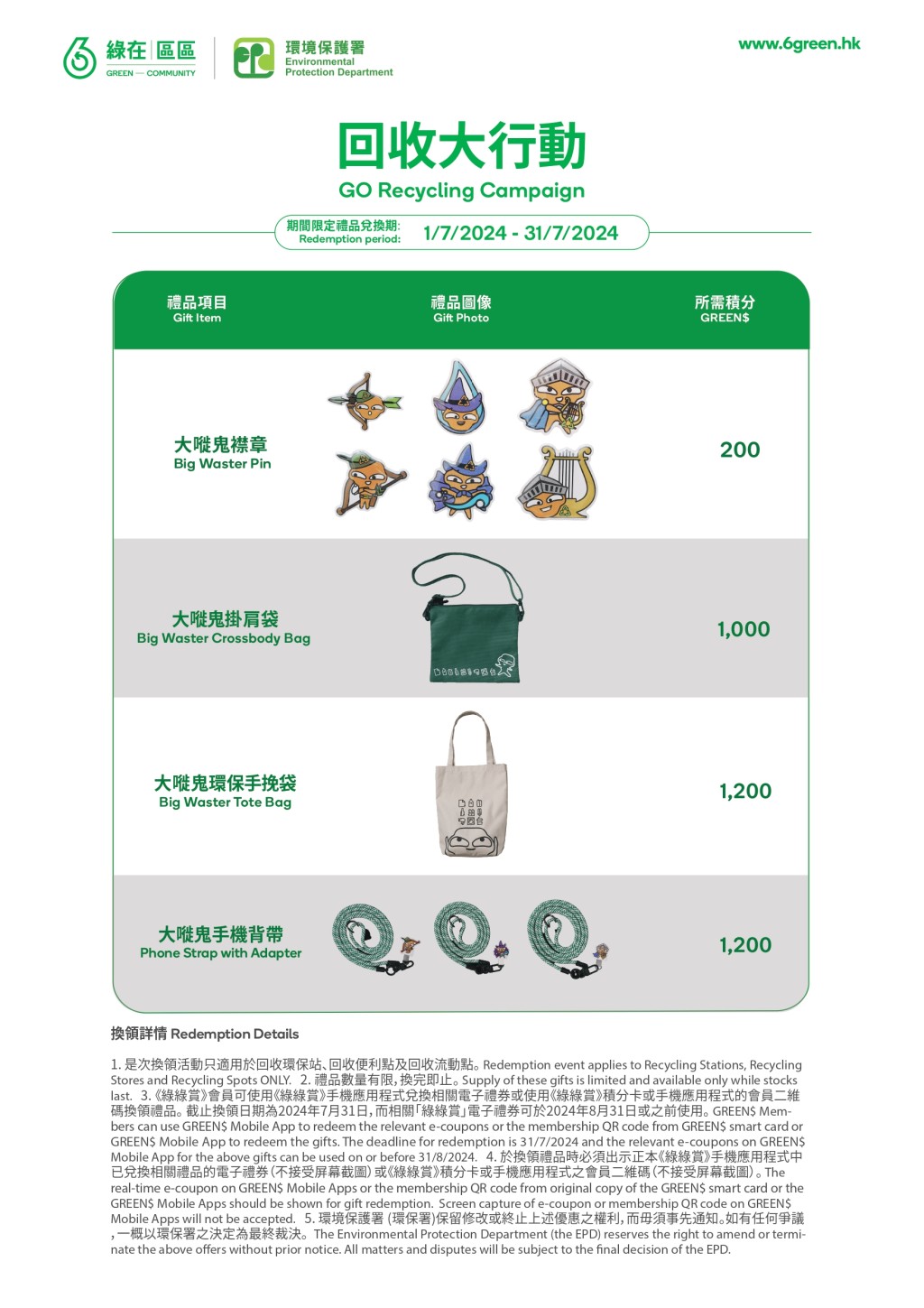 环保署在7月1日至31日推出以「大嘥鬼」为主题的期间限定礼品供市民换领。「香港减废网站」截图