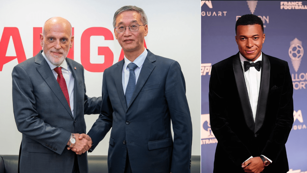 西甲主席望不损多年合作，中国过去未来皆伙伴。Javier Tebas & Kylian Mbappé @X