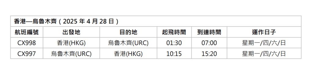 國泰航空往來香港與烏魯木齊的新航線