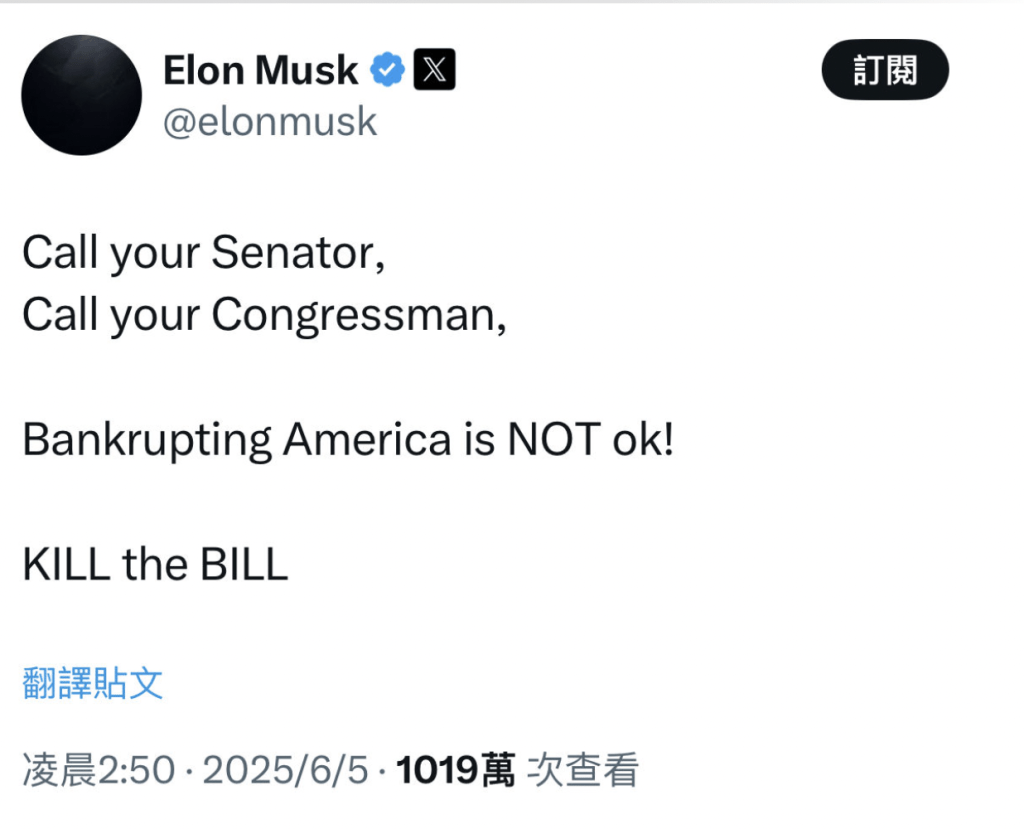 馬斯克週三在他旗下社交平台 X上,向2億2千萬名追隨者發出呼籲,反對減稅法案。 馬斯克週三在他旗下社交平台 X上,向2億2千萬名追隨者發出呼籲,反對減稅法案。