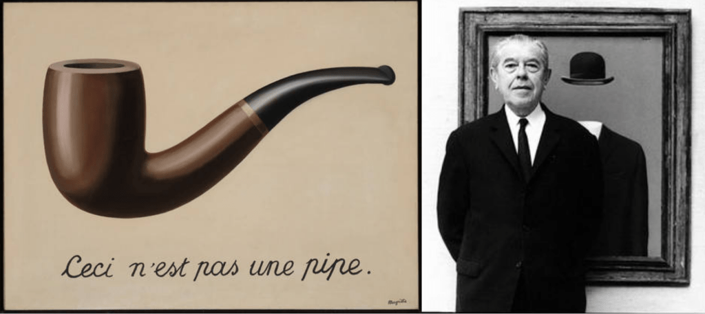 《形象的叛逆》畫的明明是一支煙斗，馬格利特卻在旁邊寫上「這不是一支煙斗」，挑戰人類習以為常的想法。
