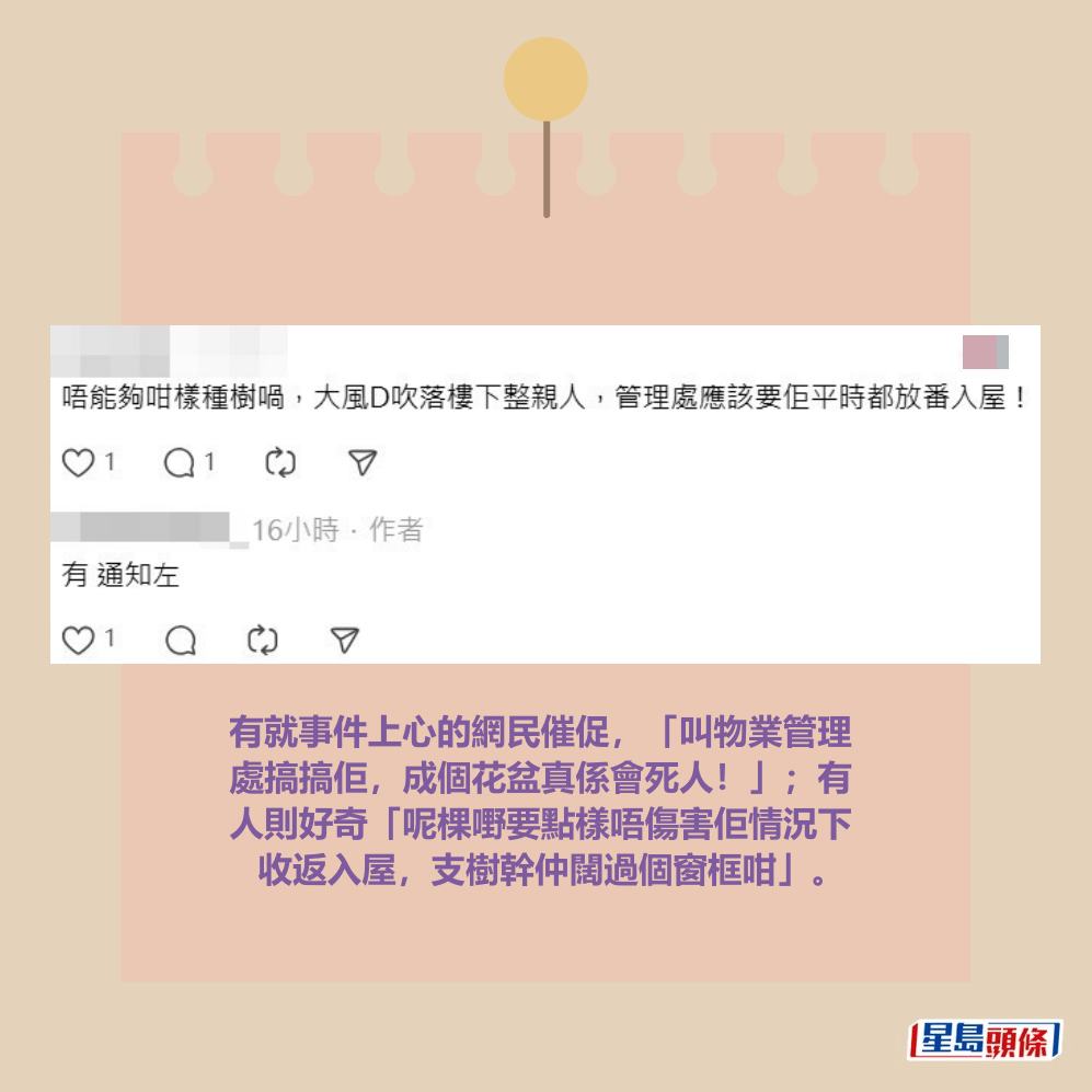有就事件上心的網民催促，「叫物業管理 處搞搞佢，成個花盆真係會死人！」；有 人則好奇「呢棵嘢要點樣唔傷害佢情況下 收返入屋，支樹幹仲闊過個窗框咁」。Threads截圖  ​