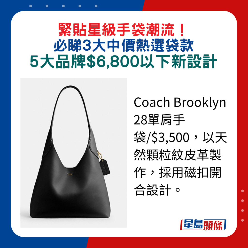 Coach Brooklyn 28单肩手袋/$3,500，以天然颗粒纹皮革制作，采用磁扣开合设计。