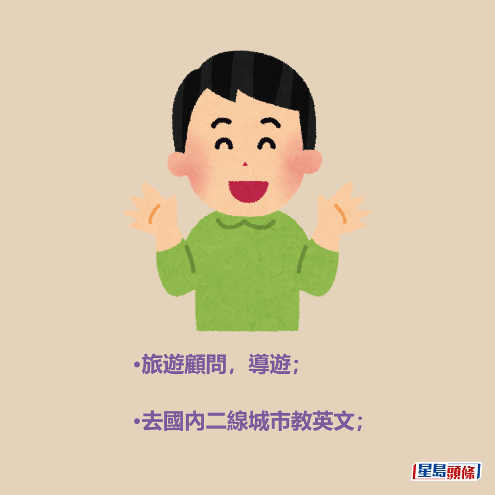 •旅遊顧問,導遊; •去國內二線城市教英文; •旅遊顧問,導遊; •去國內二線城市教英文;