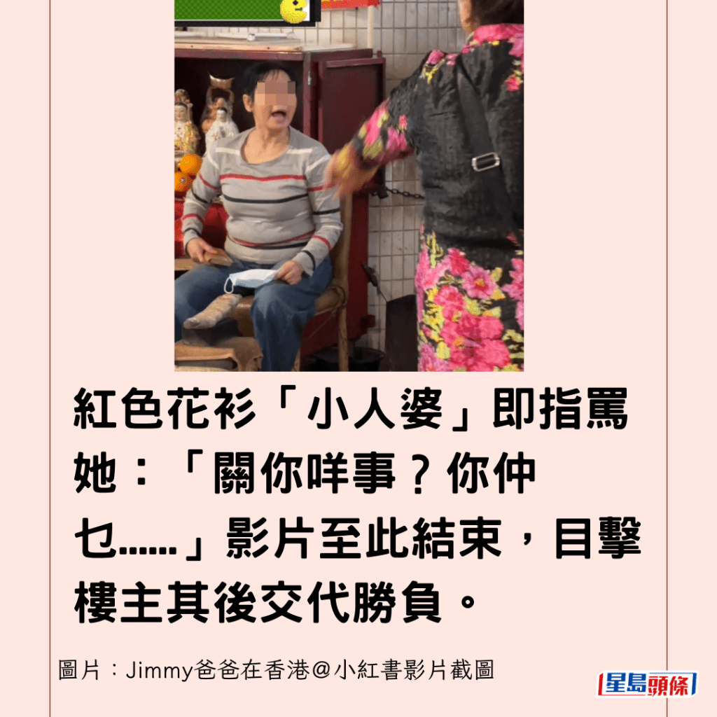  红色花衫「小人婆」即指骂她：「关你咩事？你仲乜......」影片至此结束，目击楼主其后交代胜负。