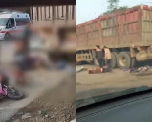 河南一辆校车与货车相撞，造成4死9伤。 网图