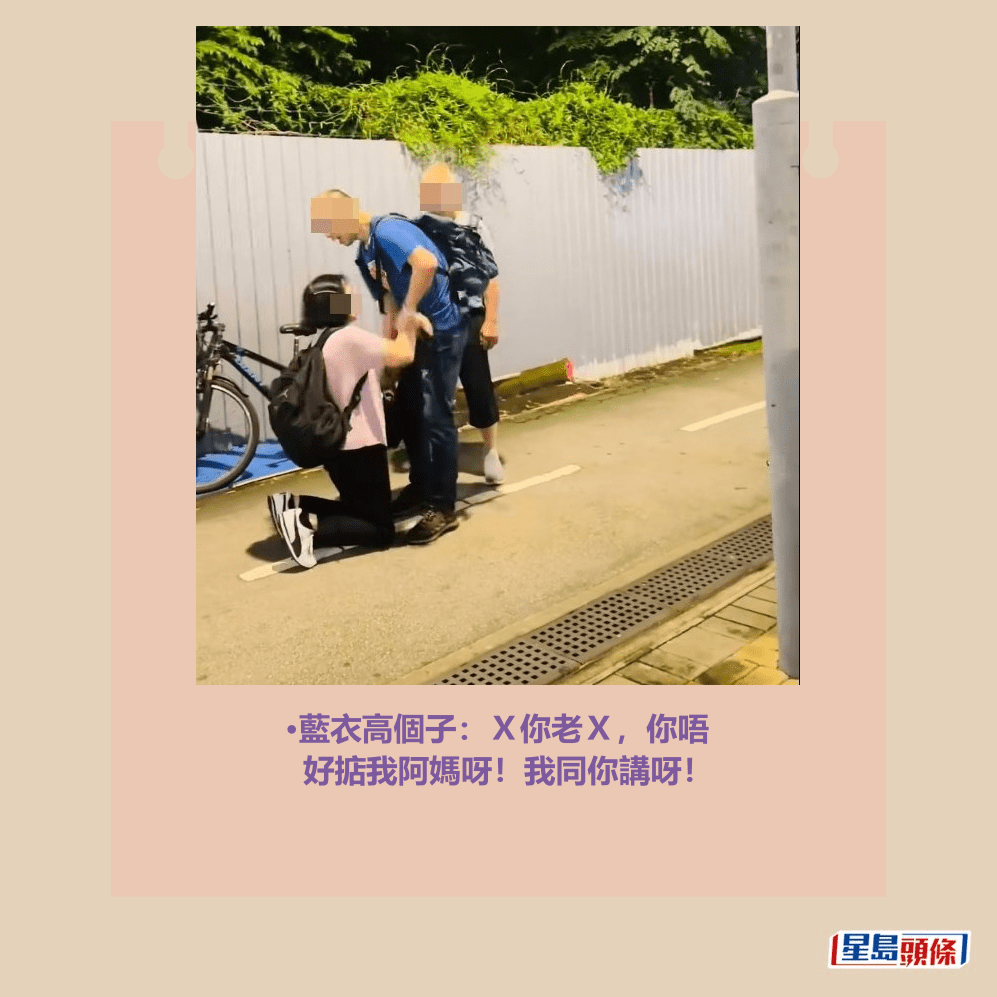•藍衣高個子:X你老X,你唔 好掂我阿媽呀!我同你講呀!facebook截圖 •藍衣高個子:X你老X,你唔 好掂我阿媽呀!我同你講呀!facebook截圖