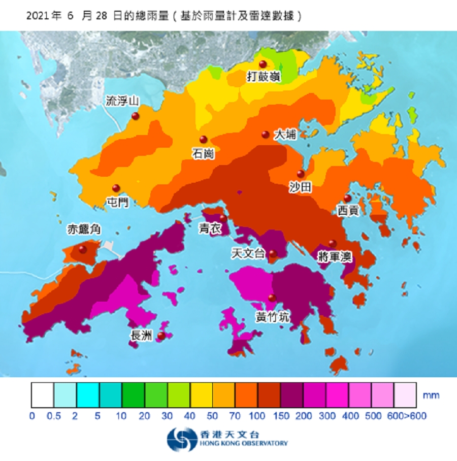  6月28日全日總雨量圖。天文台