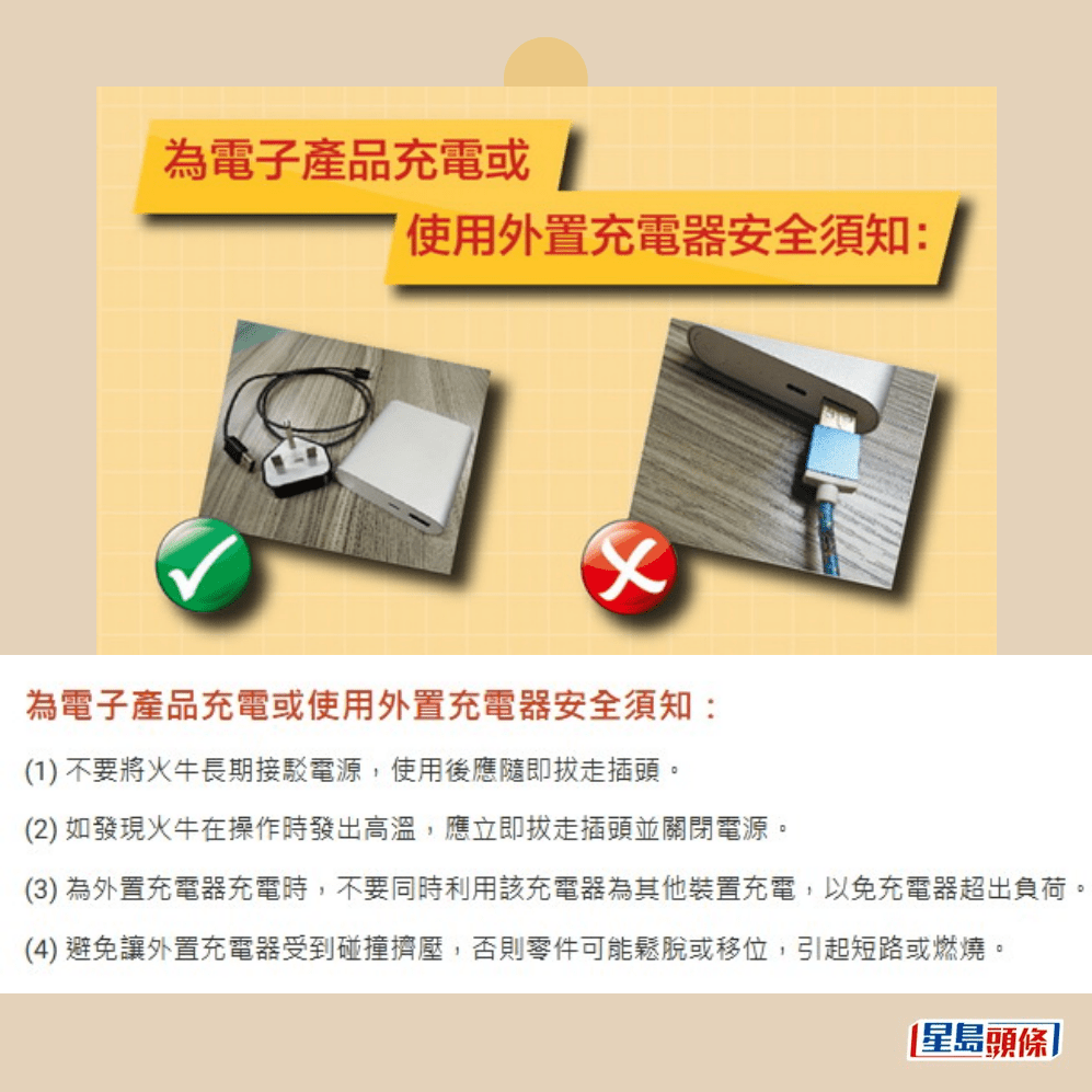不要將火牛長期接駁電源，使用後應隨即拔走插頭。消防處網頁截圖