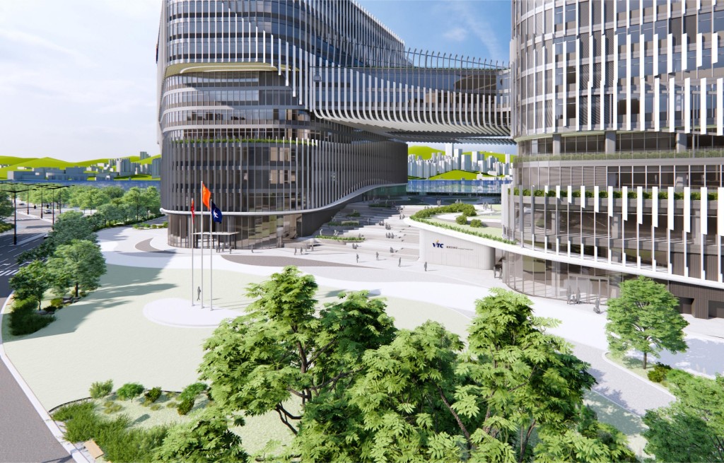設計團隊以多層純白色的波浪造型架空花園平台,連接東西兩座大樓。 VTC提供 設計團隊以多層純白色的波浪造型架空花園平台,連接東西兩座大樓。 VTC提供