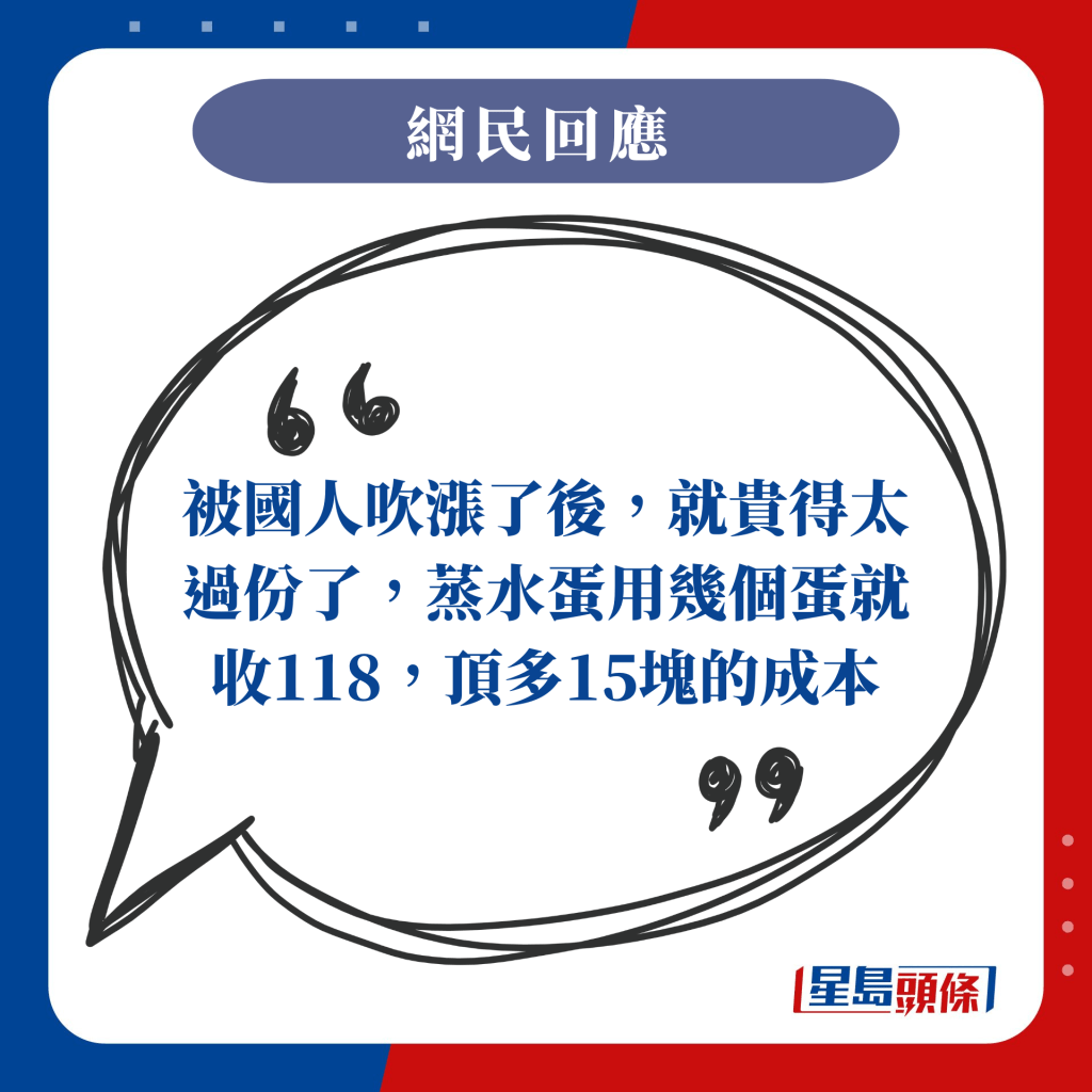 被国人吹涨了后，就贵得太过份了，蒸水蛋用几个蛋就收118，顶多15块的成本