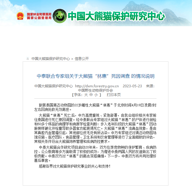 中國大熊貓保護研究中心公布林惠死因。