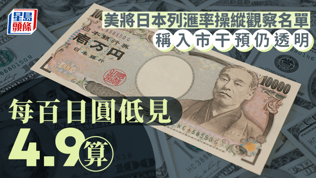 美將日本列滙率操縱觀察名單 稱入市干預仍透明 另5月通脹遜預期 每百日圓低見4.9算