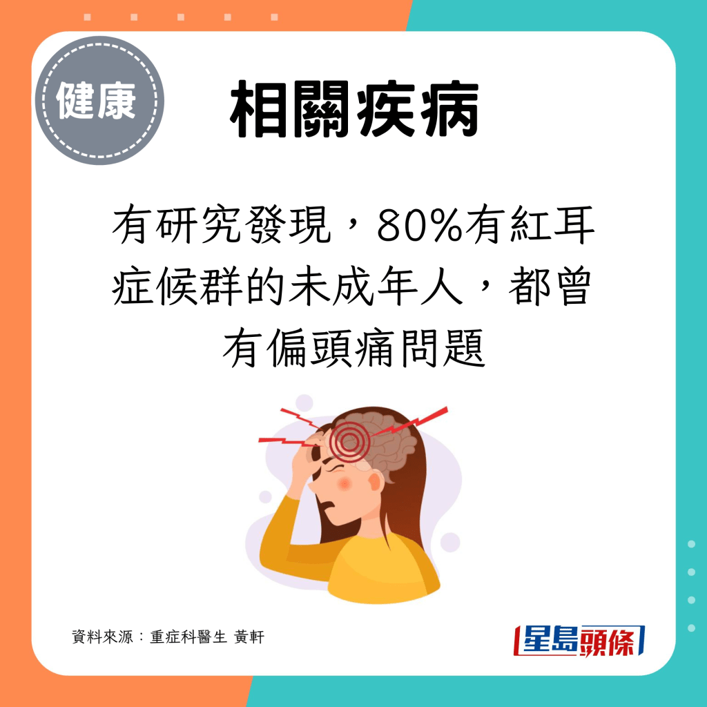 有研究发现，80%有红耳症候群的未成年人，都曾有偏头痛问题