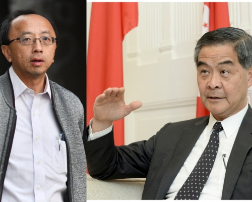 梁振英（右）發文不客氣地指「香港就是有張達明這樣的美國奴才」。